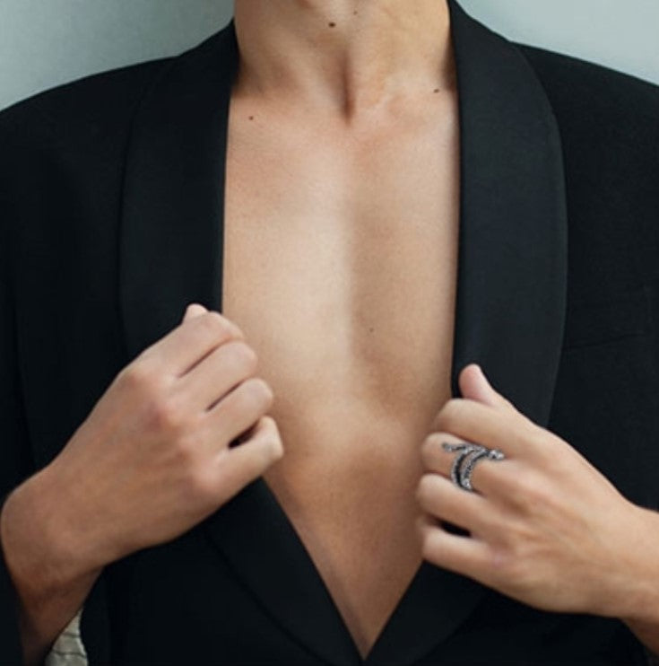 Stainless steel silver snake ring on hand, featuring intricate detailing and matte finish.