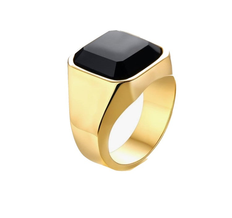 Stainless steel signet ring with a solid black stone and matte finish.