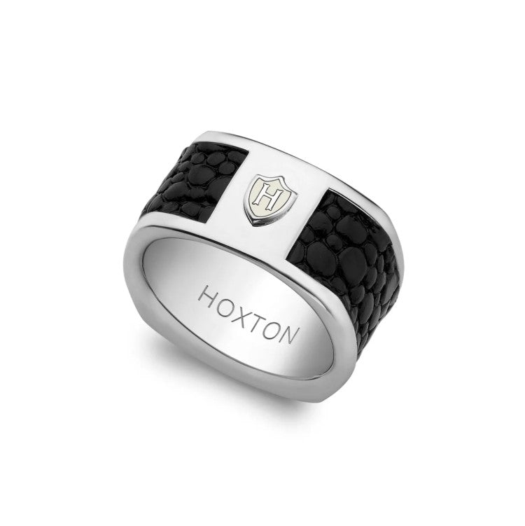 Hoxton London Men's Jewellery Sterling Silver Black Leather Inlay Ring with polished 925 sterling silver finish and textured design.
