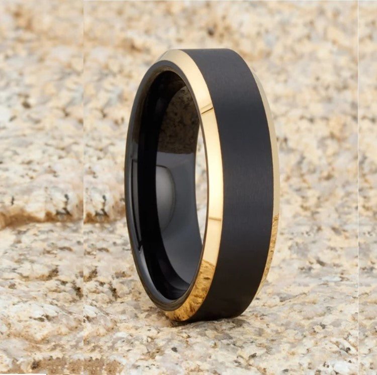 6mm black and gold tungsten carbide men's ring with satin finish and beveled edges.
