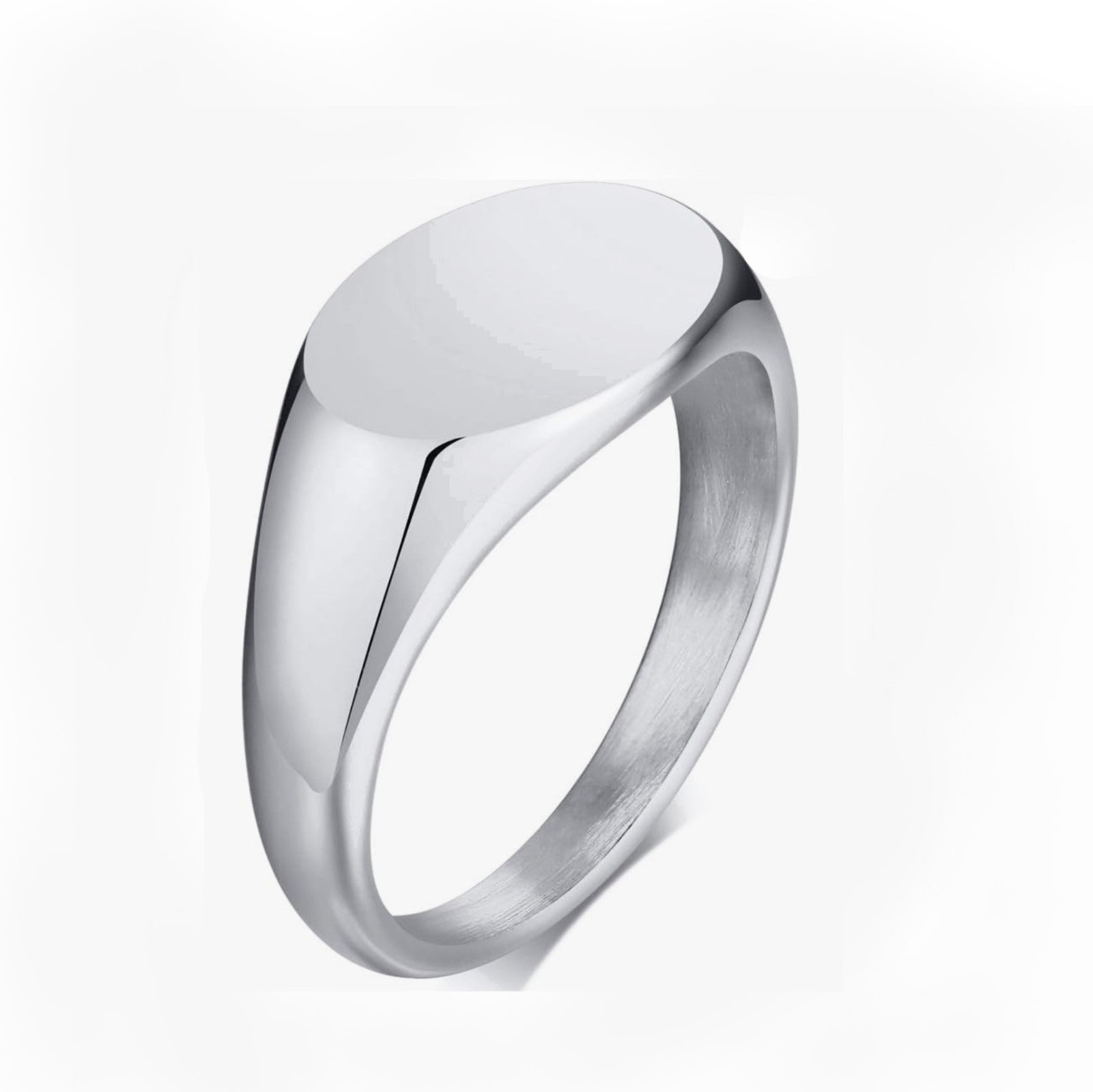 Sleek satin finish stainless steel oval signet pinky ring with minimalist design.