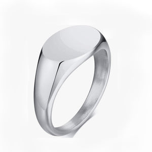 Sleek satin finish stainless steel oval signet pinky ring with minimalist design.