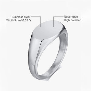 Stainless steel classic oval signet pinky ring with sleek satin finish, minimalist design, high-polished mirror shine.