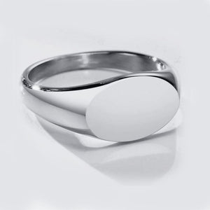 Sleek satin finish stainless steel oval signet pinky ring showcasing minimalist design and high-polished shine.