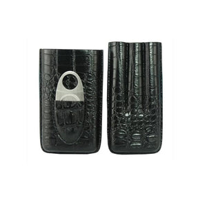 Brown leather travel cigar case with cutter, holds 3 cigars, imitation crocodile design.