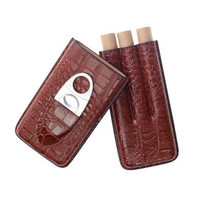 Brown leather travel 3 finger cigar case with cutter, imitation crocodile design, fits 3 cigars up to 51-ring gauge.