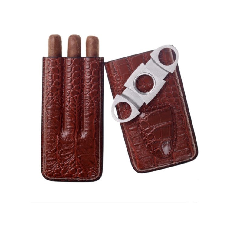 Brown leather travel 3 finger cigar case with cutter, imitation crocodile design.