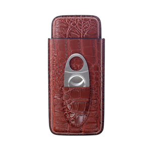 Brown leather travel 3 finger cigar case with stainless steel cutter.