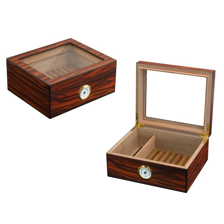 Small wooden cigar humidor with glass top, holds up to 25 cigars, features ebony finish and built-in hygrometer.