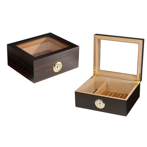 Small wooden cigar humidor with glass top, holds up to 25 cigars, ebony finish, built-in humidifier, analog hygrometer.