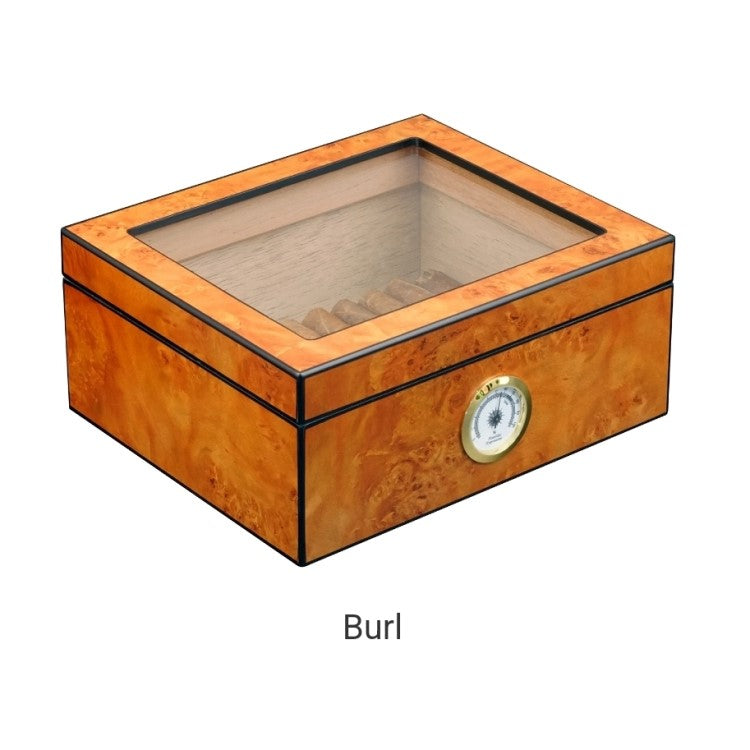 Small wooden cigar humidor with glass top, burl finish, and built-in hygrometer.