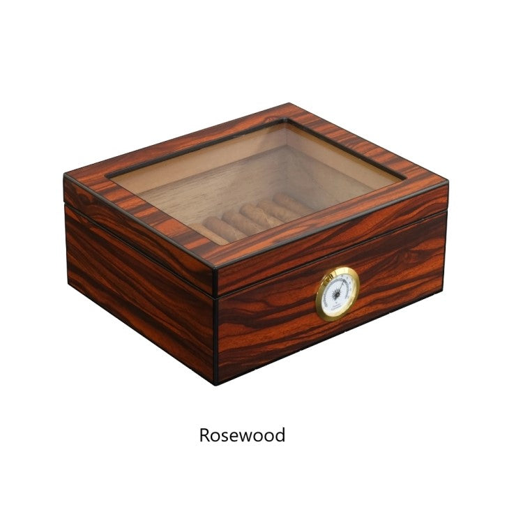 Small wooden cigar humidor with glass top, holds up to 25 cigars, rosewood finish.