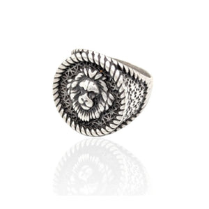 Men's antique lion head ring with round face design, crafted in antique-finished stainless steel, symbolizing strength and legacy.