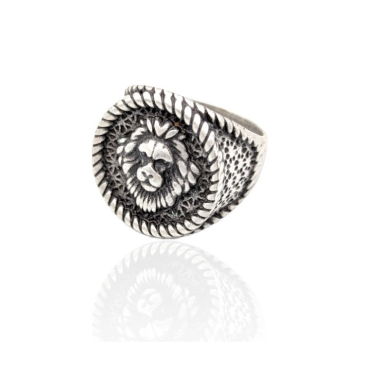 Men's antique lion head ring with round face design, crafted in antique-finished stainless steel, symbolizing strength and legacy.