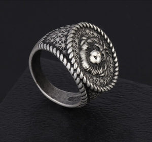 Antique Lion Head Ring in stainless steel with bold relief design and brushed antique finish.