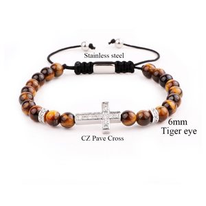 Natural 6mm tiger eye beaded bracelet with CZ cross charm and macrame band, stylish beaded bracelet by T.M.J.