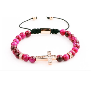 Natural 6mm Tiger Eye beaded bracelet with CZ cross charm, crafted in macrame style by T.M.J.