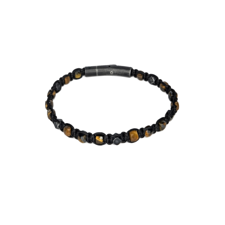 Vanguard faceted tiger eye and stainless steel macrame bracelet on black knotted cord