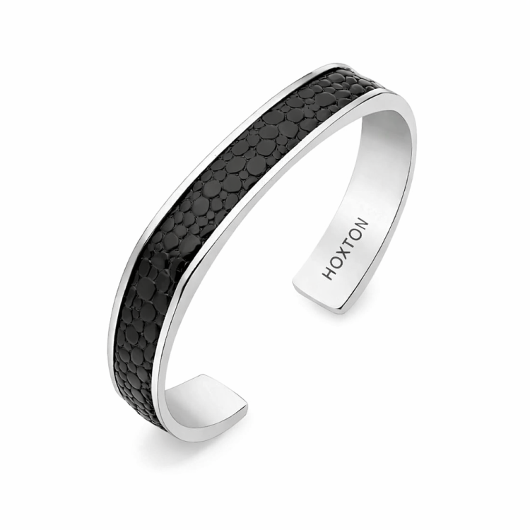 Hoxton London' Men's Sterling Silver Black Printed Leather Inlay Cuff Bangle