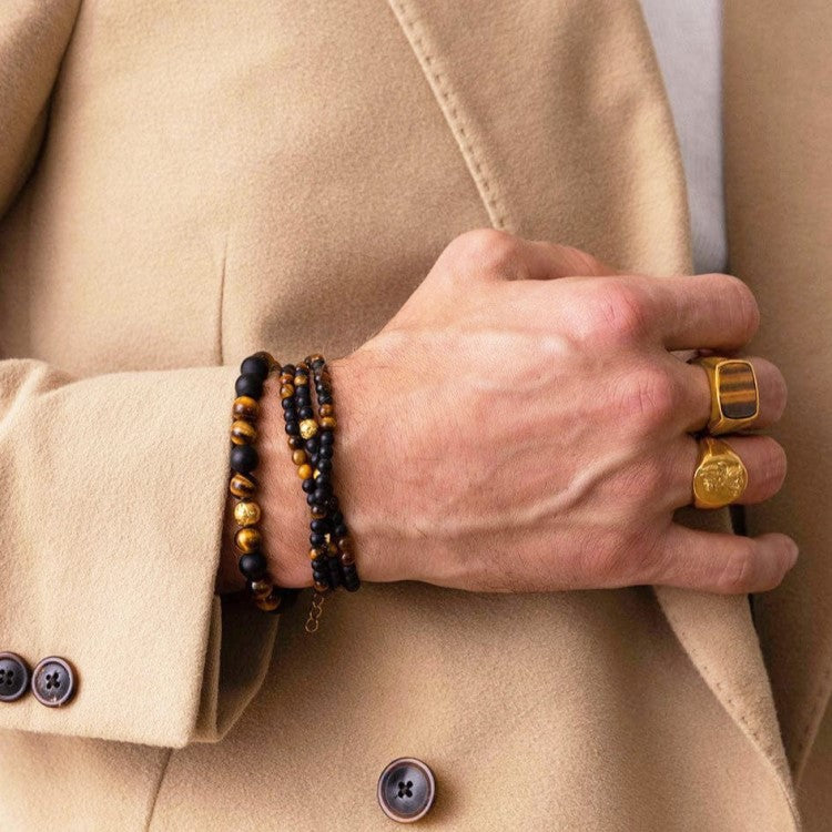 Brown Tiger Eye, Matte Onyx, and Gold accents