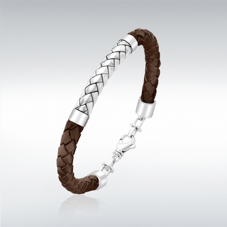 Theseus Mens Sterling Silver Brown Leather Bracelet