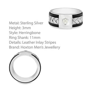 Hoxton silver ring for men with sterling silver, leather inlay stripes, and herringbone style
