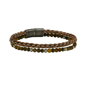 TMJ Marlowe Tiger Eye and braided leather wrap bracelet with natural gemstone beads and leather cords on a neutral background.