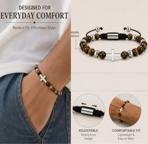 Sentinel Tiger Eye beaded bracelet with stainless steel cross, featuring polished tiger eye beads and a metal cross charm.