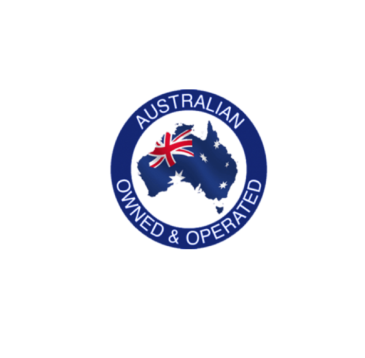 Australian owned and operated badge with map of Australia and national flag