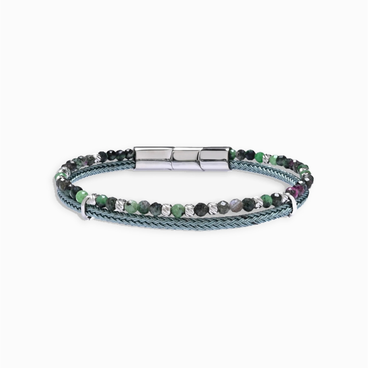 T.M.J African turquoise faceted bead bracelet with blue braided cord, featuring vibrant turquoise beads and a woven cord design.