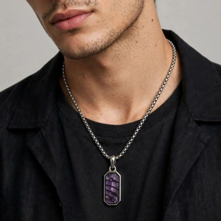 Quantum Trace Amethyst Inlay Pendant Necklace Stainless Steel with Chain
