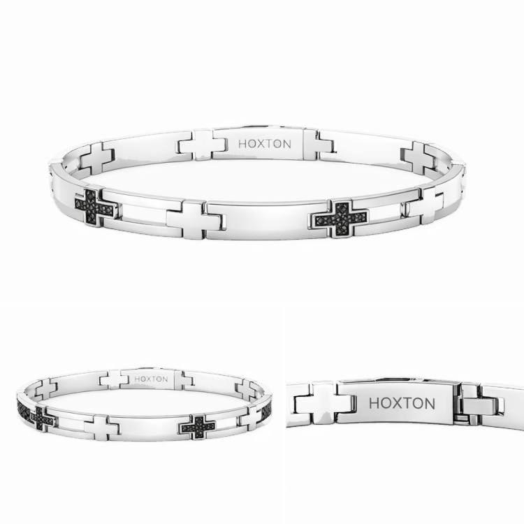 Hoxton London' Men's Sterling Silver Black Sapphire Set Cross Bar Bracelet 21.5cm/8.25