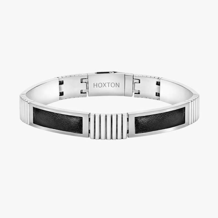 Hoxton London' Men's Sterling Silver Bold Link Leather Inlay with Ribbed Detail 21.5cm /8.5