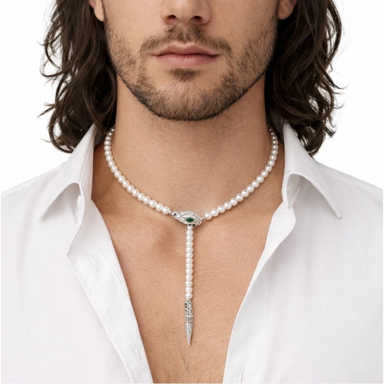 Sterling Silver Serpent Round Pearl Necklace -50cm