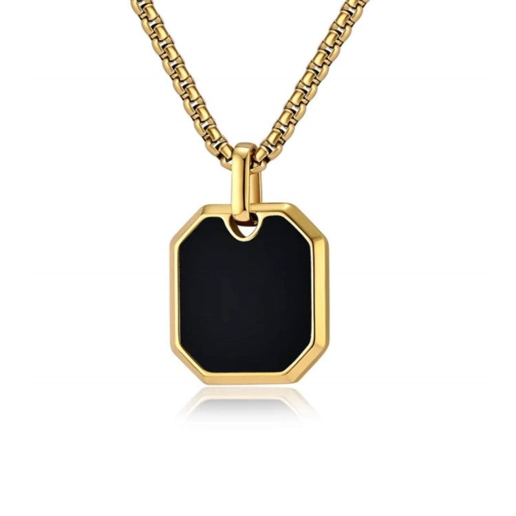 Stainless Steel Black Onyx Geometric Pendant with Chain