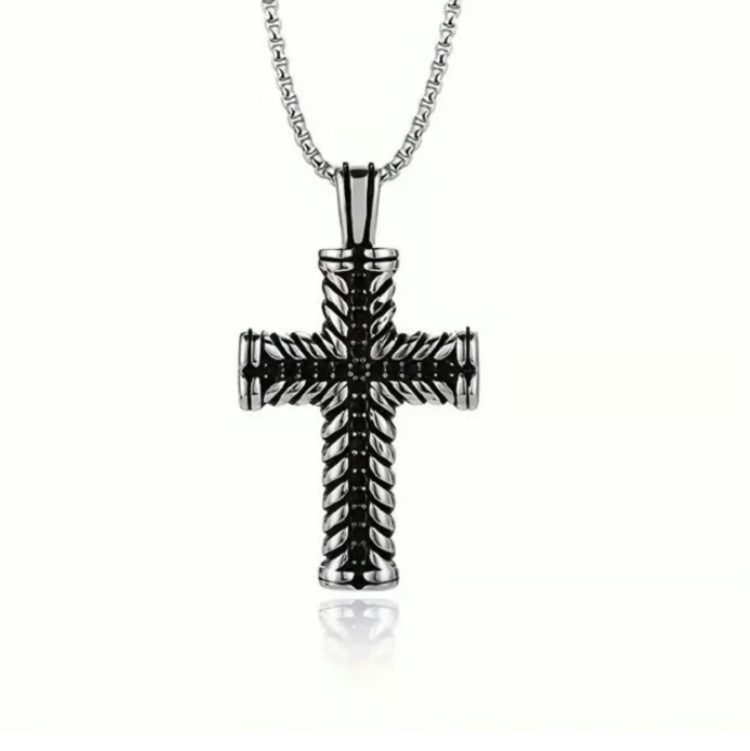Kestrel Men's Stainless Steel Cross with Black Cubic Zirconia