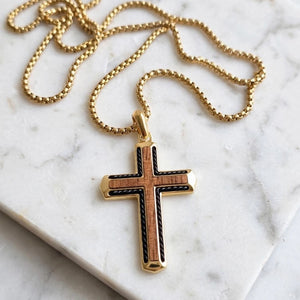 Callahan Bubinga wood cross pendant on gold PVD stainless steel chain, featuring a detailed cross design by Cudworth.