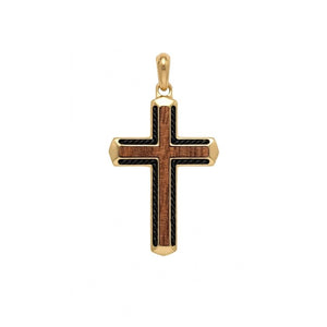 Callahan Bubinga wood cross pendant on gold PVD stainless steel chain, featuring a detailed wooden cross with a polished finish.