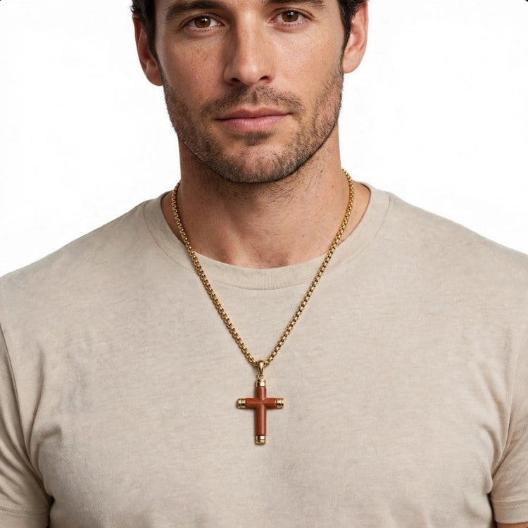 Corven Red Jasper cross pendant on gold PVD stainless steel chain, featuring a polished red jasper stone and detailed cross design.