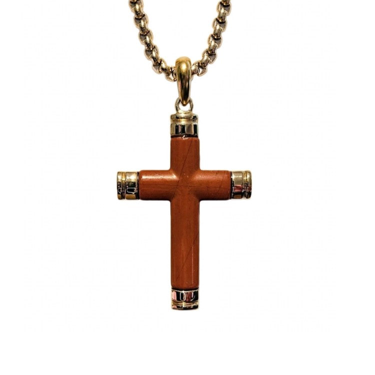 Corven red jasper cross pendant on gold PVD stainless steel chain, featuring a polished red jasper cross with detailed design and shine.