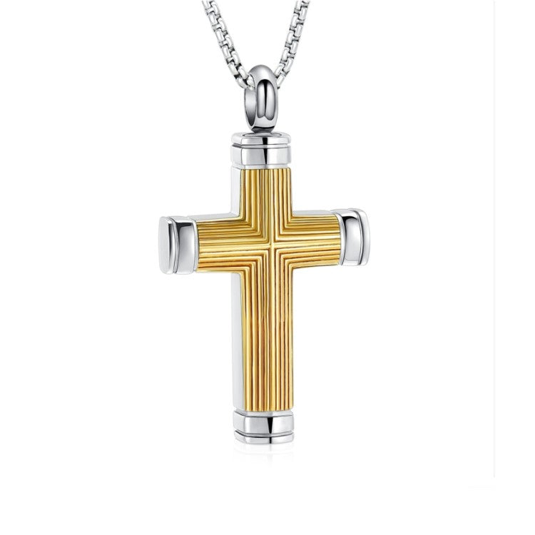 Cudworth Halden two-tone stainless steel ribbed cross pendant showing detailed textured design and polished finish.