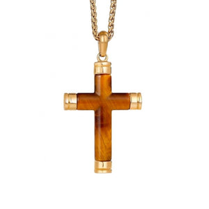 Kestrel Tiger's Eye cross pendant on gold PVD stainless steel chain, featuring intricate design and polished finish.