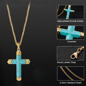 Turquoise cross pendant on gold PVD stainless steel chain, stylish Cudworth Marisol crosses jewelry design.