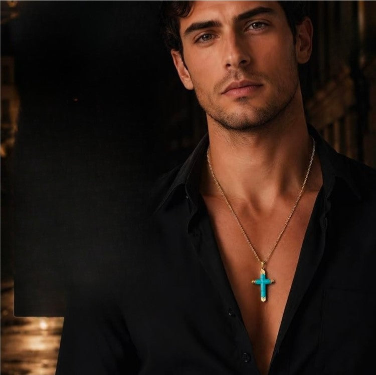Marisol turquoise cross pendant on gold PVD stainless steel chain, featuring a detailed cross design by Cudworth.