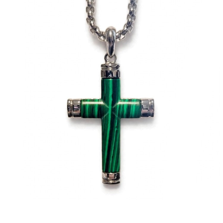 Verdant malachite stone cross pendant on stainless steel chain, handcrafted Cudworth crosses jewelry with vibrant green hues.