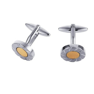 Brushed rhodium and gold scalloped edge cufflinks by Cudworth, plain metal design with elegant, textured finish.