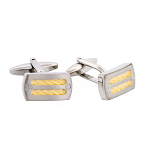 Brushed rhodium-plated cufflinks with gold cable accents and screw details, stylish plain metal Cudworth cufflinks for men.