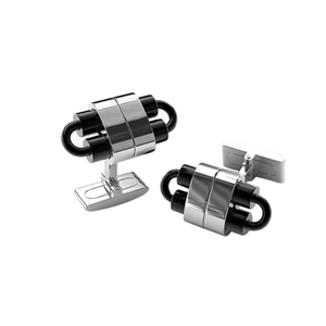 Polished stainless steel industrial cufflinks with ion plated black detail from Cudworth, featuring sleek plain metal design.