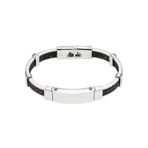 Polished stainless steel bracelet with double strand braided brown leather from Cudworth, showcasing a sleek, stylish accessory.