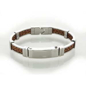 Polished stainless steel bracelet by Cudworth featuring double-strand braided tan leather for a stylish men's jewelry accessory.